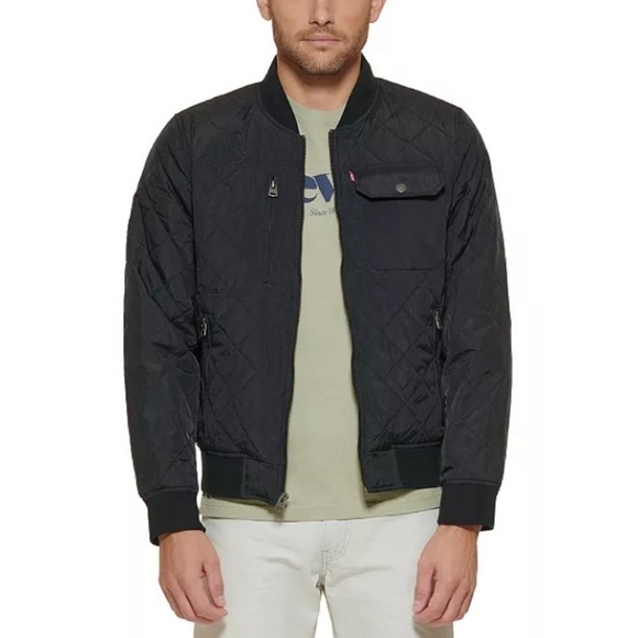 LEVI'S Mens Diamond Quilted Nylon Bomber Jacket Black Size LARGE NEW $150 - Picture 1 of 9